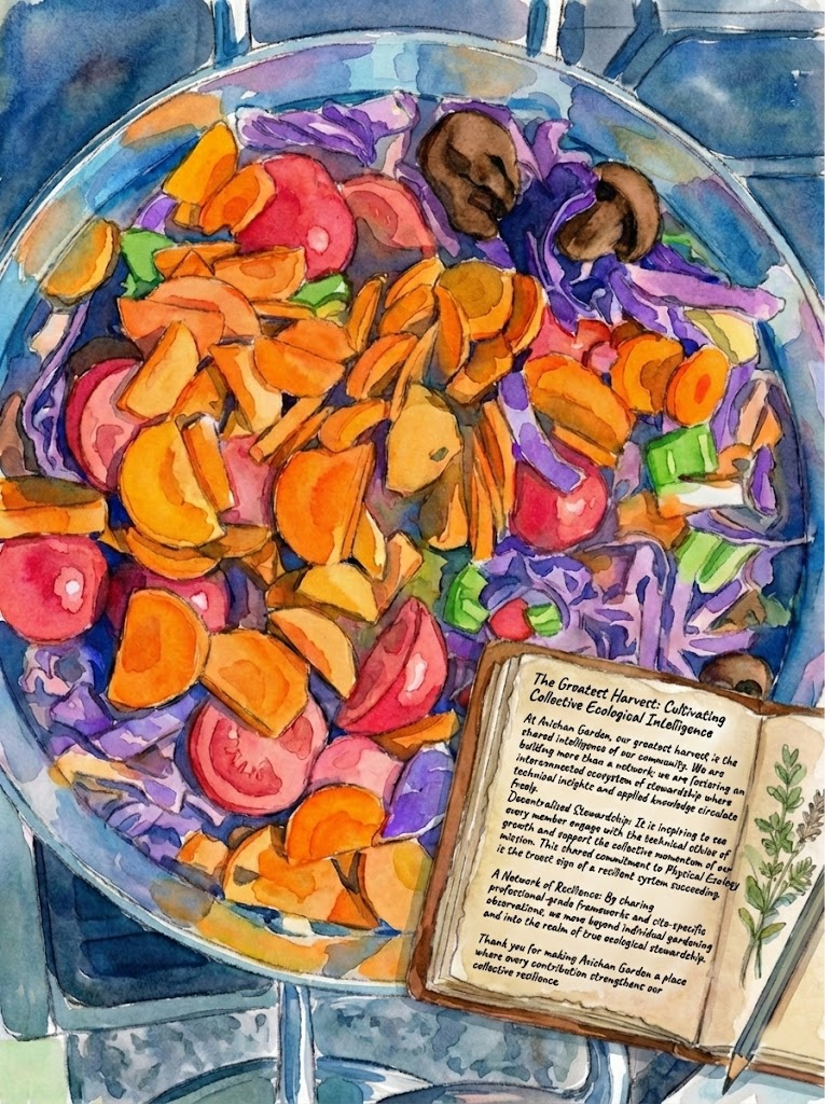 A watercolor illustration of a bountiful bowl of harvested root vegetables and a bundle of fresh herbs, next to an open journal. The journal entry, titled "The Greatest Harvest: Cultivating Collective Ecological Intelligence," details Avishan Garden's focus on shared technical insights and decentralized stewardship.