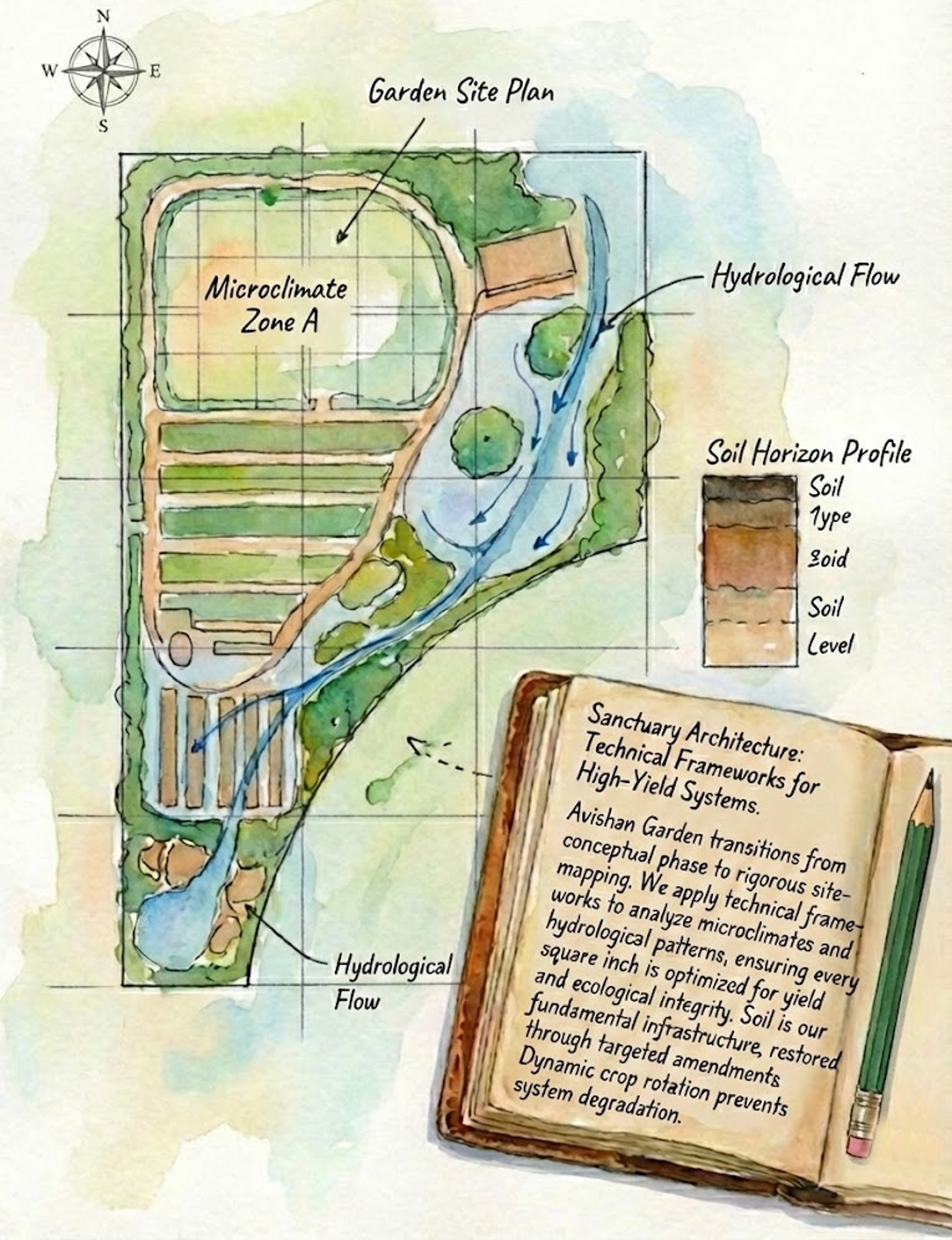 A technical watercolor site-mapping plan with labeled zones for 'Pollinator Corridors' and 'Orchard Zones' next to a soil profile study. An open journal titled 'Sanctuary Architecture: Technical Frameworks for High-Yield Systems' lies next to a green pencil with an eraser head.