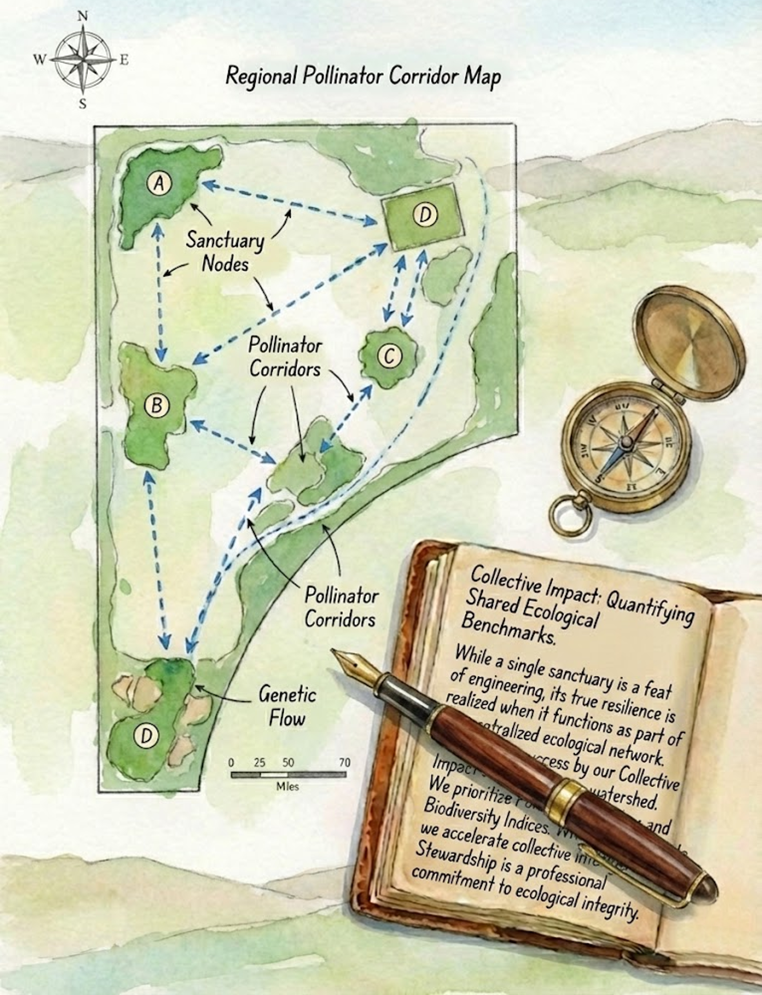 A watercolor technical map illustrating interconnected ecological corridors between sanctuary nodes. An open journal titled 'Collective Impact: Quantifying Shared Ecological Benchmarks' lies next to a vintage brass compass and a brown fountain pen.