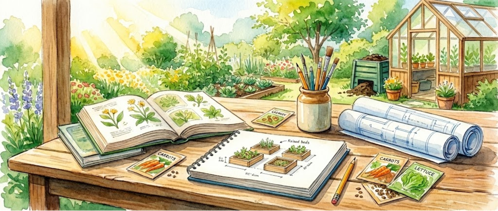A vibrant watercolor illustration of an outdoor botanical workspace. A rustic wooden table holds open field guides, detailed seed packets, and architectural site blueprints. In the background, a sun-drenched garden and greenhouse represent the transition from research to implementation.