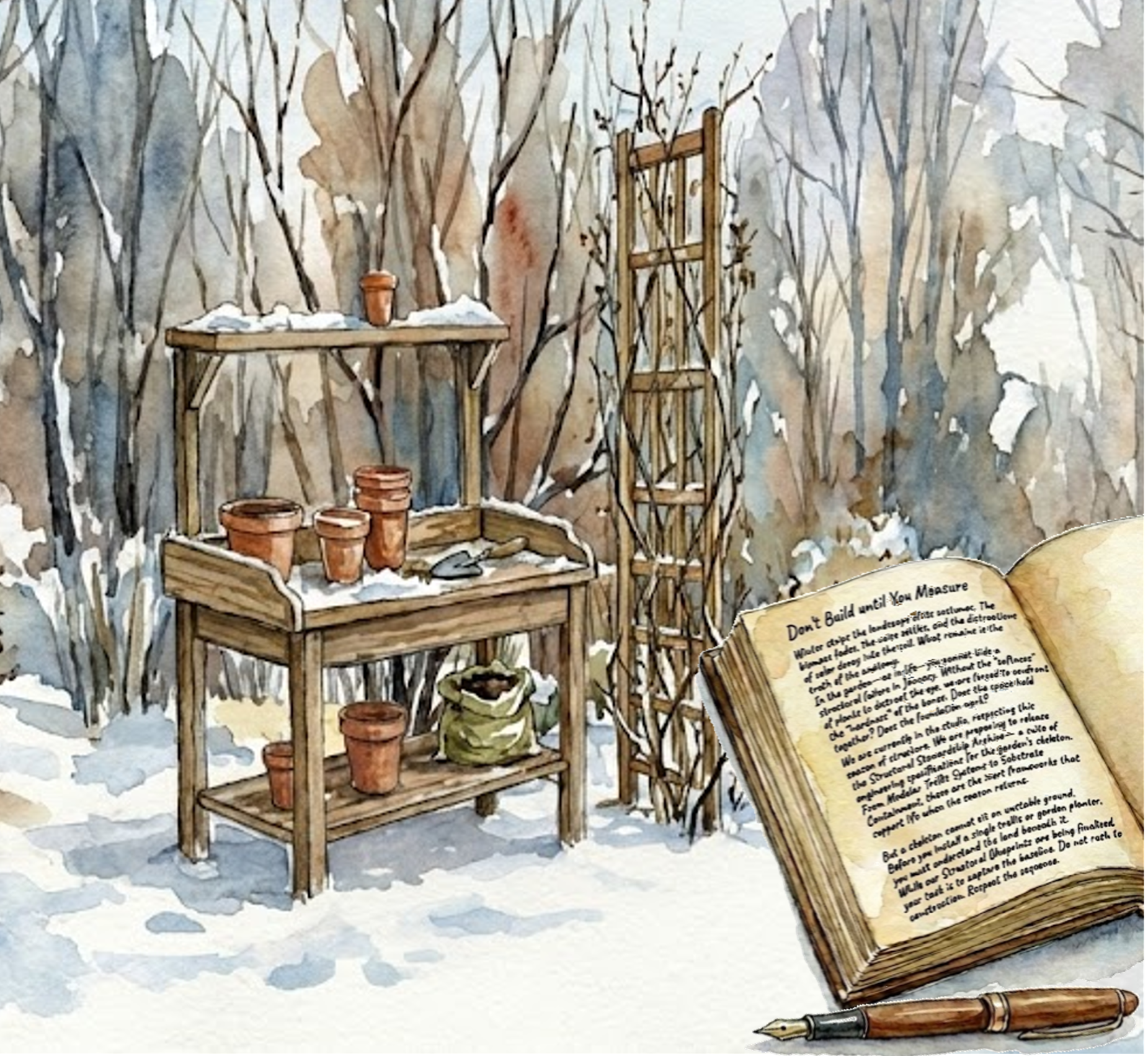 Watercolor illustration of a snowy winter garden with a wooden potting bench and trellis. In the foreground, an open journal displays the title "Don't Build until You Measure" and text about structural stewardship.